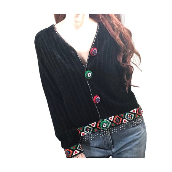Berek Takako Sakon Beaded Chenille Cardigan Sweater M Boho Southwestern Tassel - Picture 2 of 16